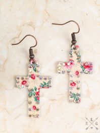 BEIGE FLORAL CROSS Earrings