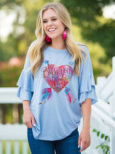BLESS YOUR HEART RUFFLE SLEEVE Blue Blouse
