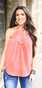 CORAL HEATHER CROCHET TRIM TOP