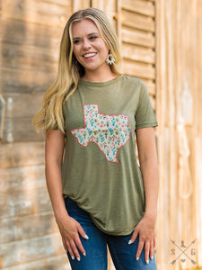 "EMBROIDERED CACTUS TEXAS PATCH" ON LIGHT OLIVE TEE
