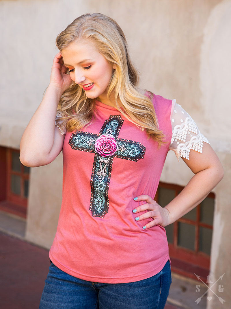 EMBROIDERED ROSE CROSS TOP