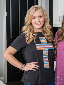 EMBROIDERED SERAPE CROSS CHARCOAL TEE