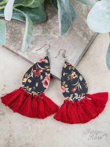 "FIRST DAY OF SPRING" Black/Floral Earrings-Red Tassel