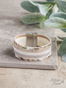 "FLORAL MULTI-STRAND MAGNETIC LEATHER BRACELET"-WHITE