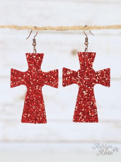 GLITTER CROSS EARRINGS-RED