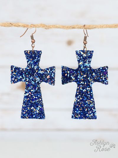 GLITTER CROSS EARRINGS-ROYAL BLUE