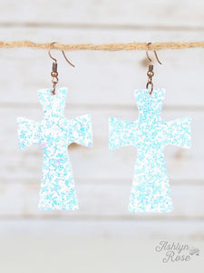 GLITTER CROSS EARRINGS-WHITE