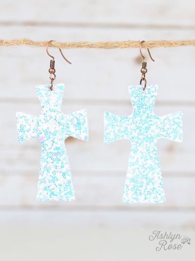 GLITTER CROSS EARRINGS-WHITE