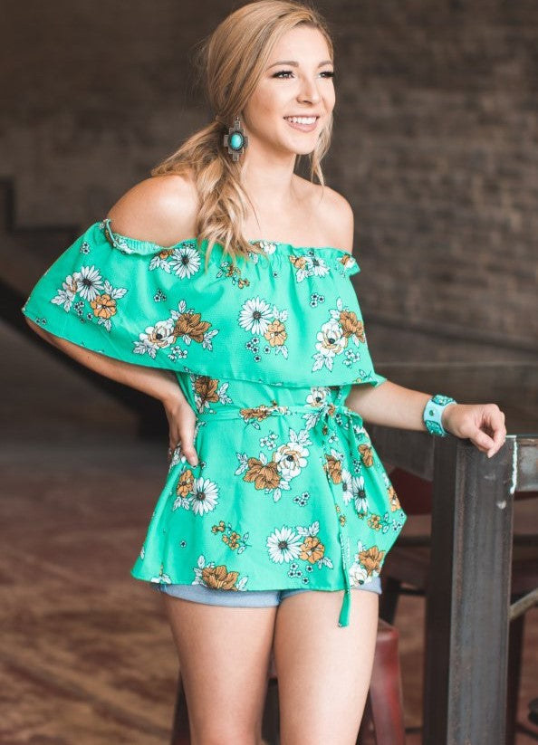 JADE YELLOW FLORAL OFF THE SHOULDER WAIST TIE TOP
