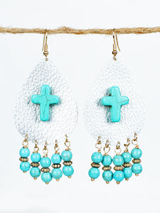 "SILVER LEATHER TEARDROP WITH TURQUOISE CROSS ACCENT" Earrings